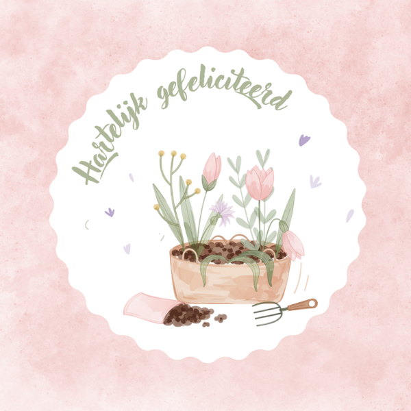 Dubbele wenskaart - Kaart gefeliciteerd plantenpot tulpen
