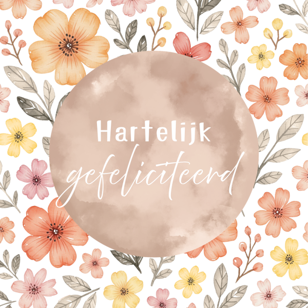 Dubbele wenskaart - Kaart gefeliciteerd bruine cirkel bloemen