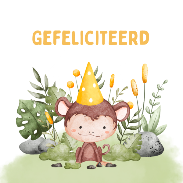 Dubbele wenskaart - Kinderkaart gefeliciteerd aapje feesthoed aquarel