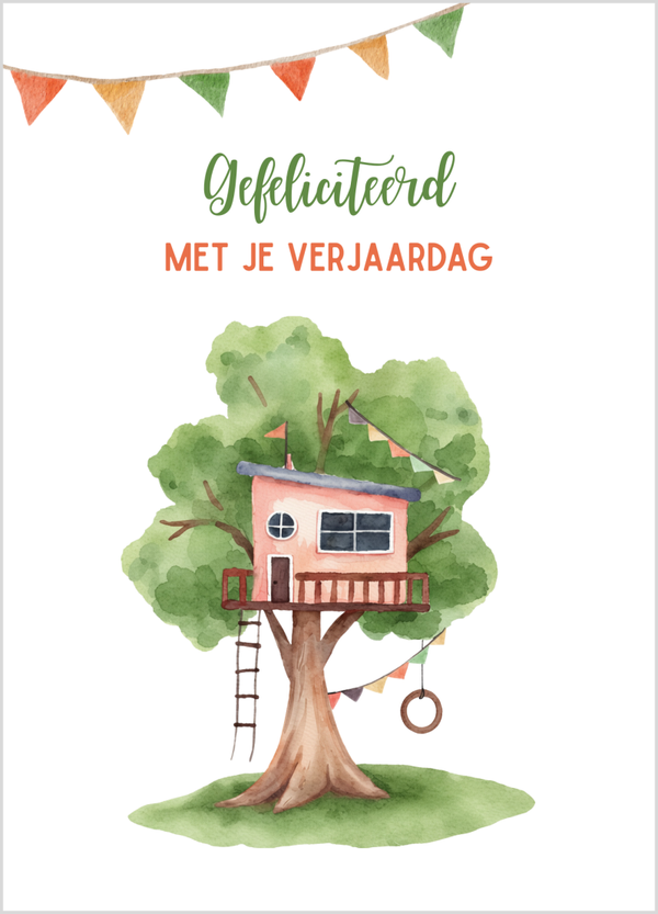 Wenskaart verjaardag kinderen boomhut