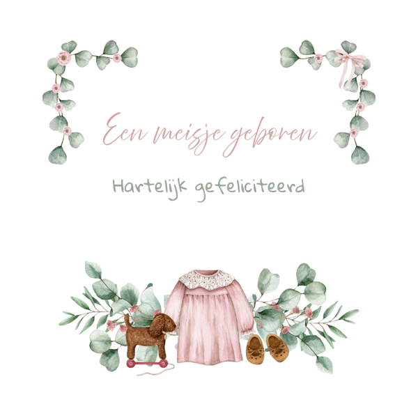Dubbele wenskaart - Kaart geboorte meisje roze jurkje