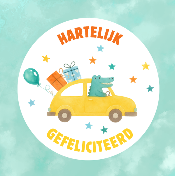 Dubbele wenskaart - Kinderkaart gefeliciteerd krokodil auto aquarel