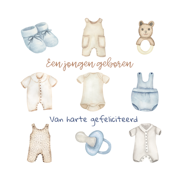 Dubbele wenskaart - Kaart geboorte zoon jongenskleren