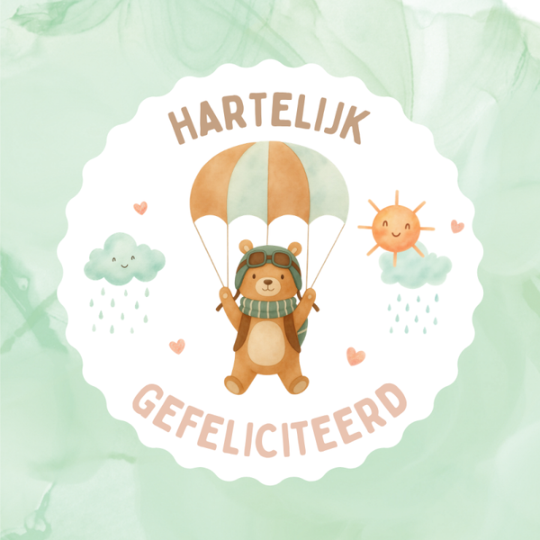 Dubbele wenskaart - Kinderkaart hartelijk gefeliciteerd beertje parachute aquarel