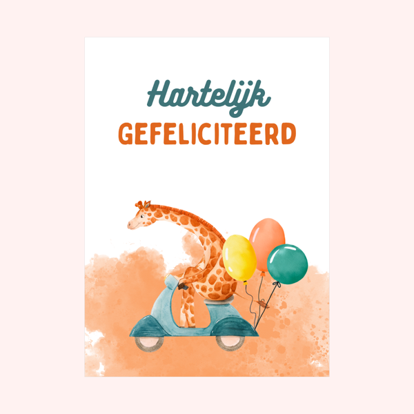 Wenskaart met Giraffe op Scooter