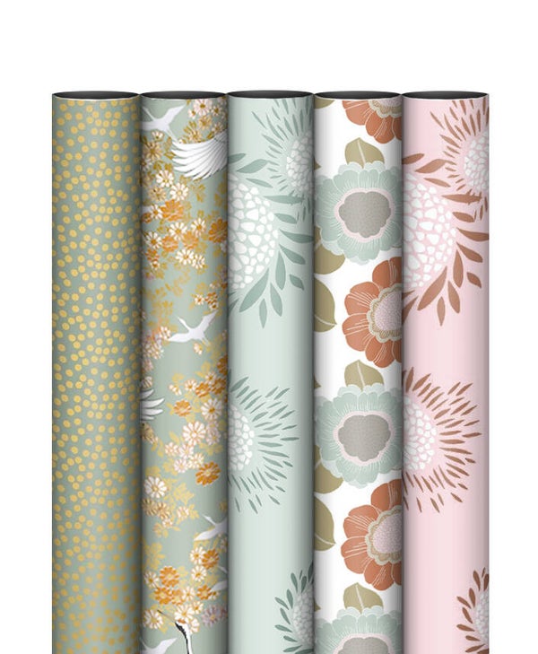 Cadeaupapier- 5 rollen cadeaupapier roze met groen