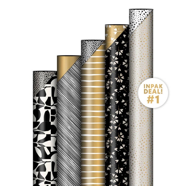 Cadeaupapier- 5 rollen inpakpapier- Luxe zwart met goud