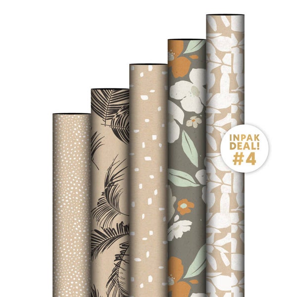 Luxe cadeaupapier – Set van 5 rollen – 50 cm x 3 meter – Kraftpapier