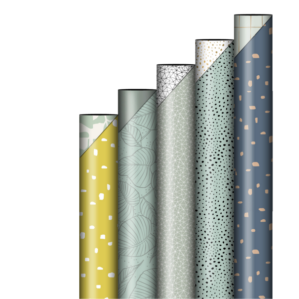 Cadeaupapier- 5 rollen inpakpapier: geel-groen-blauw