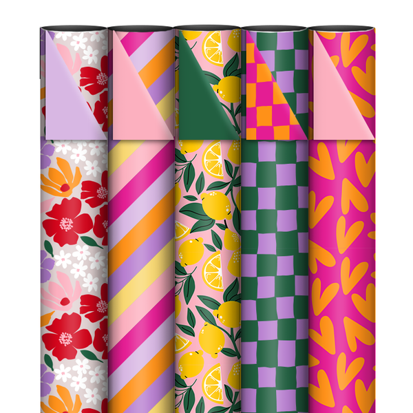 Cadeaupapier- 5 rollen cadeaupapier met vrolijke kleuren