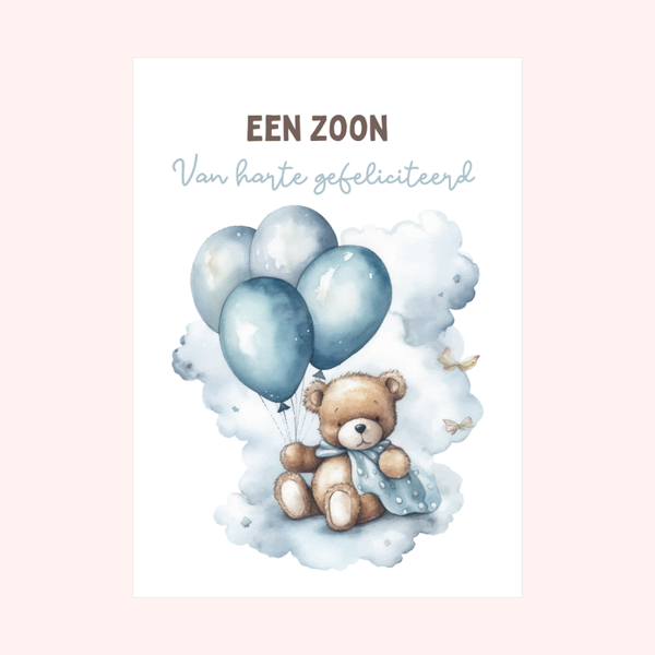 Wenskaart Geboorte Zoon - beer met ballonnen