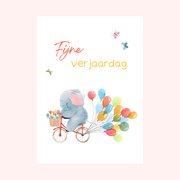 Vrolijke Verjaardagskaart met Olifant en Ballonnen