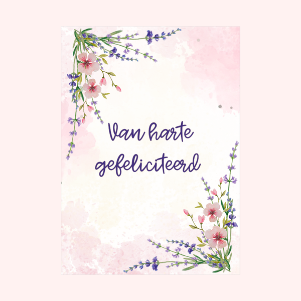Wenskaart ‘Van harte gefeliciteerd’ met Roze en Paarse Bloemstuk