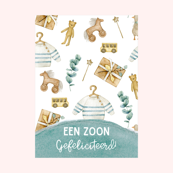 Wenskaart Geboorte Zoon met speelgoed