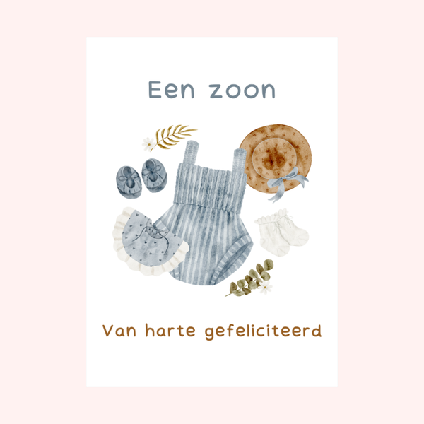 Wenskaart geboorte zoon met kledingset