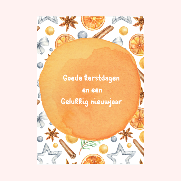 Aquarel kerstkaart in oranjetinten- Goede kerstdagen en een gelukkig nieuwjaar