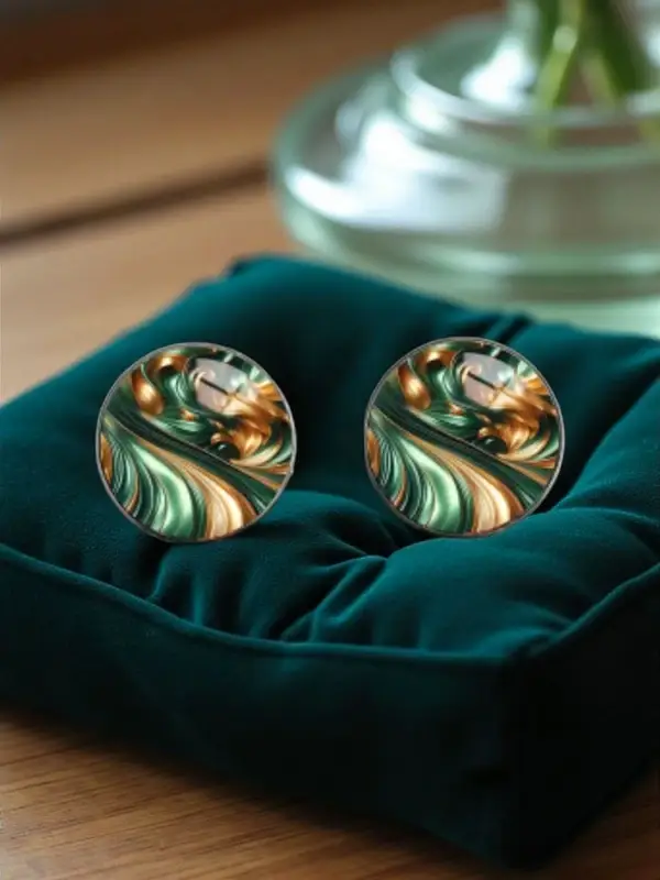 Boucles d’oreilles rondes effet marbré vert et doré – Bijou élégant et artistique