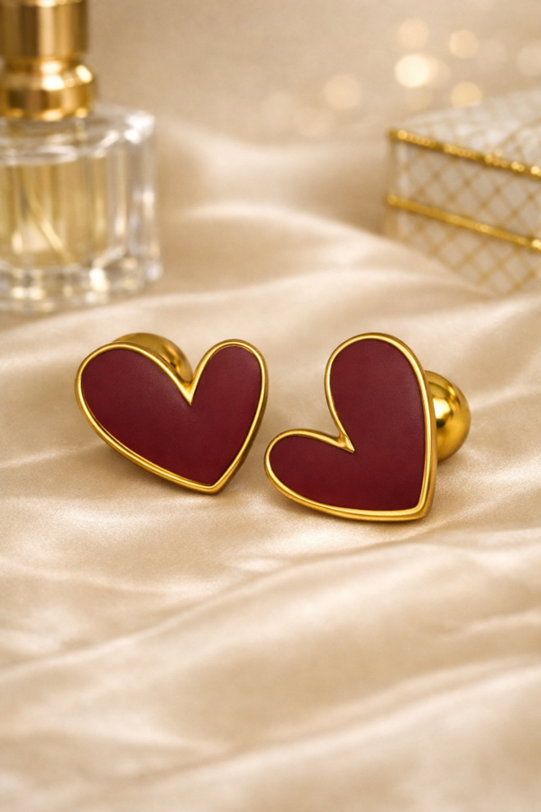 Boucles d’oreilles cœur bordeaux doré – élégance chic et éclat raffiné