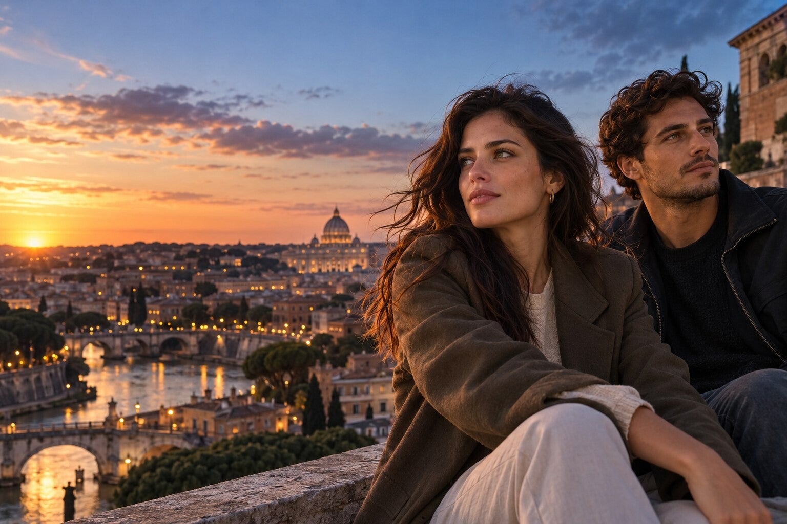 Due giovani adulti guardano la città al tramonto