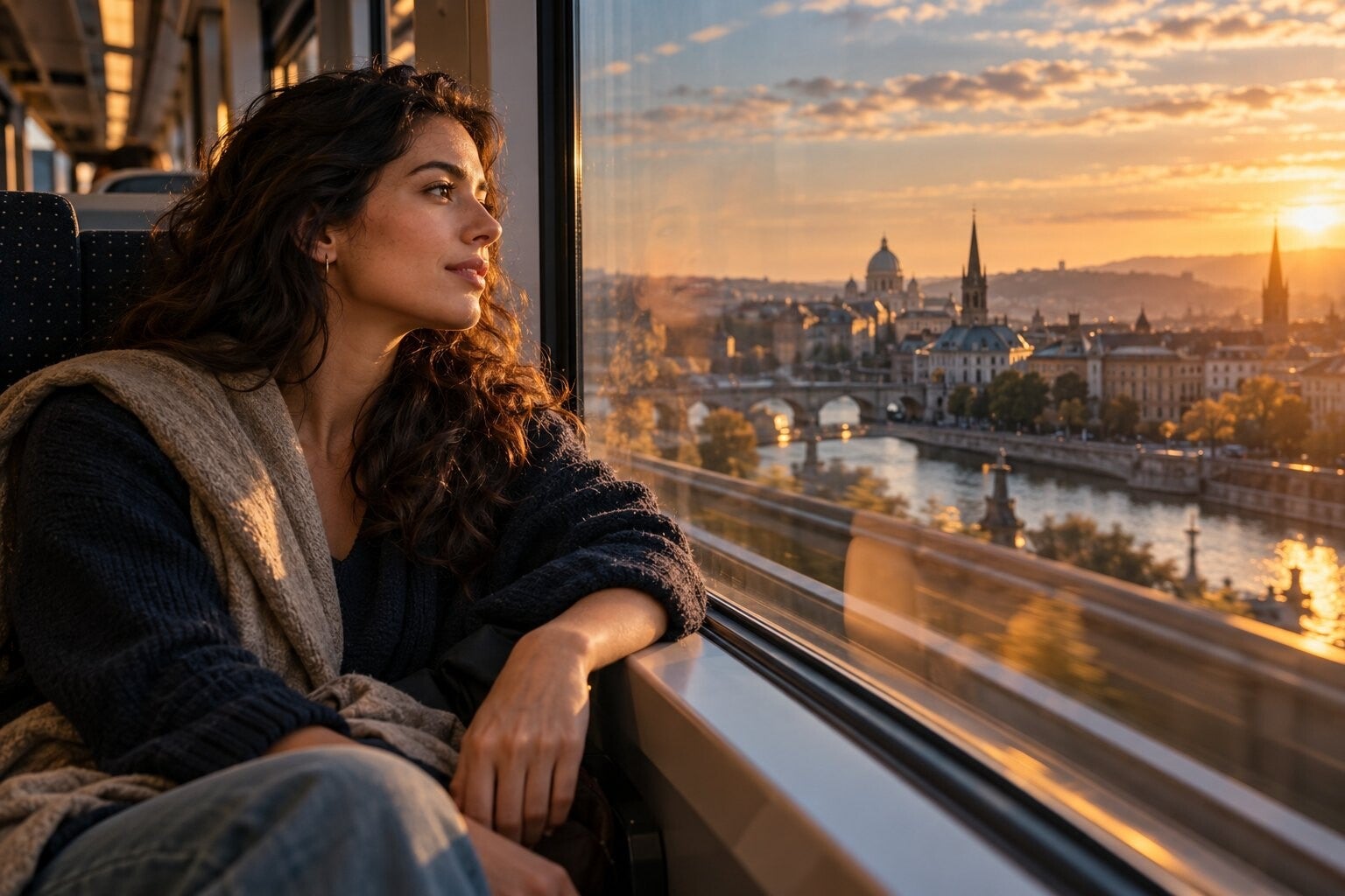 Una giovane adulta guarda una nuova città dal finestrino