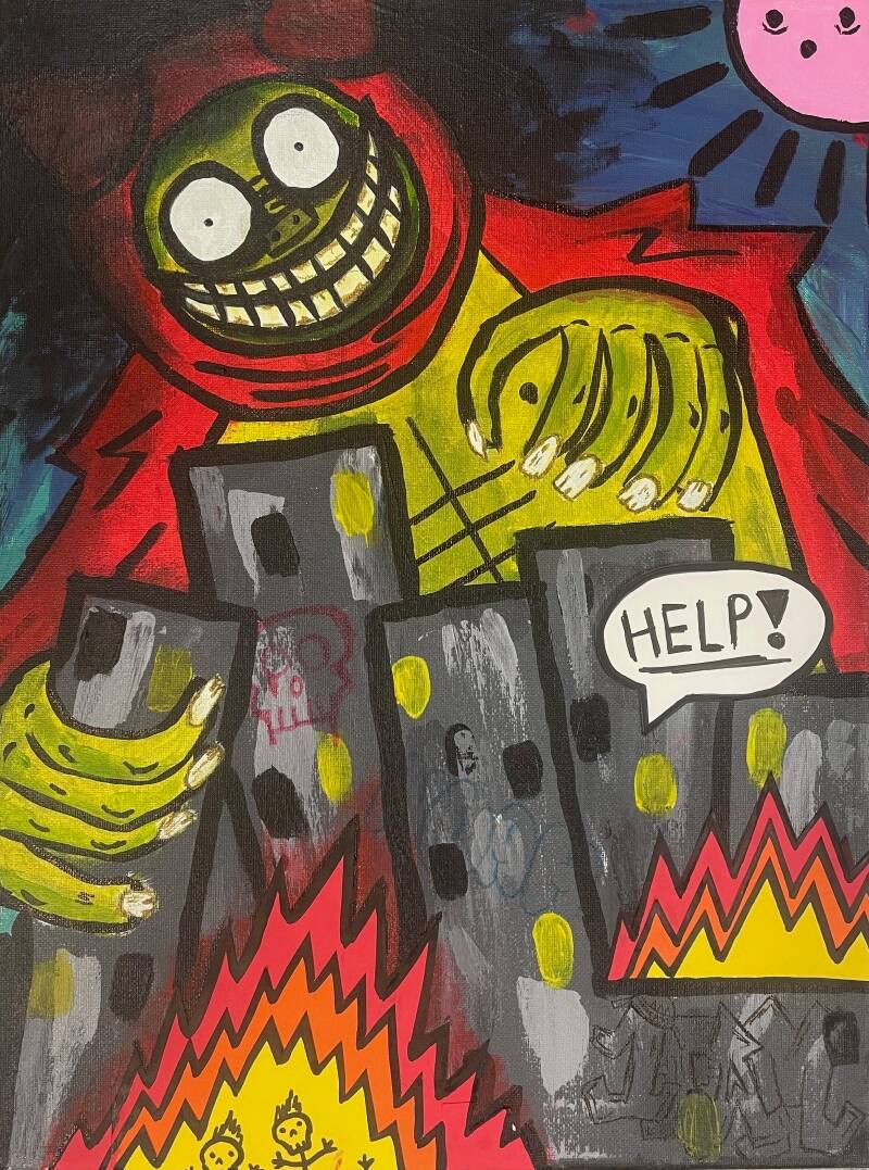 Estrellas ardientes (Medianoche) - Acrylic Paint, Construction Paper, Tape, Marker, Pen on Canvas - 16" x 12"