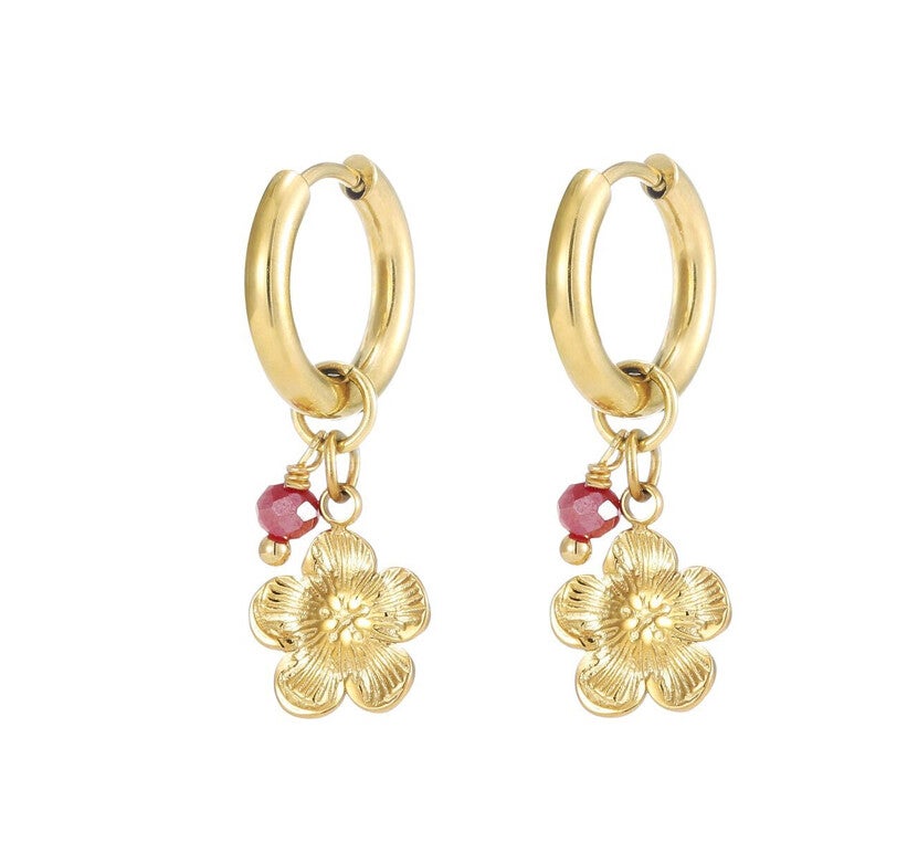 Flower red earrings gold
