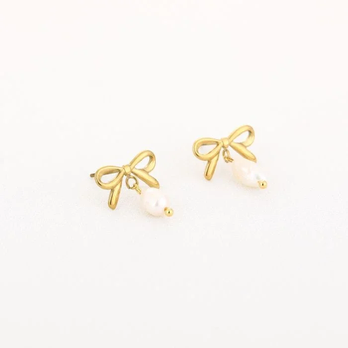 Bow pearl earrings gold