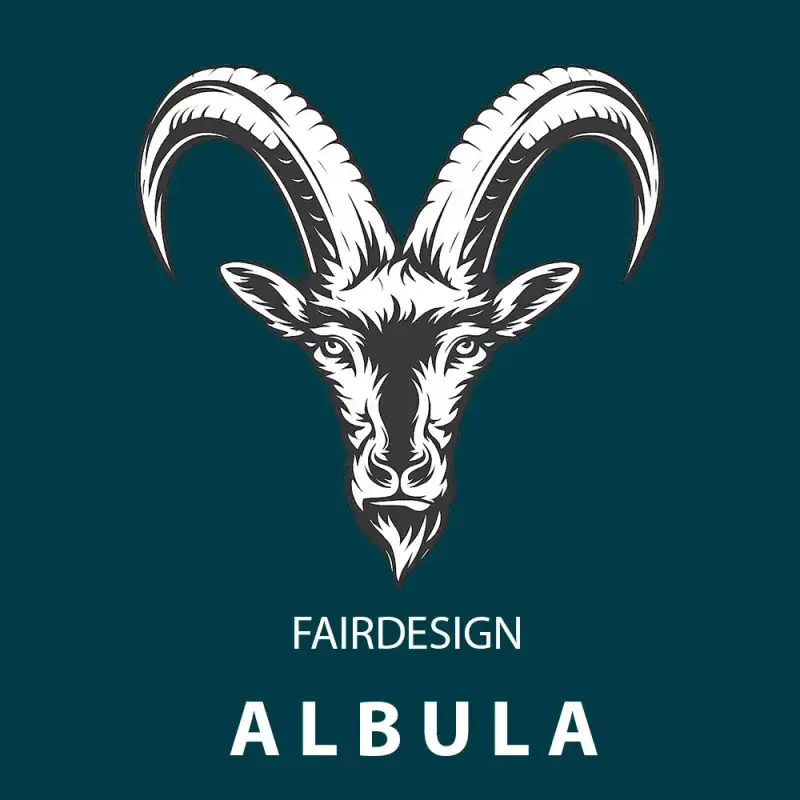Fairdesign Albula Logo – Full-Service Webdesign, Social Media Videos und Printmedien im Albulatal mit Steinbock-Illustration.