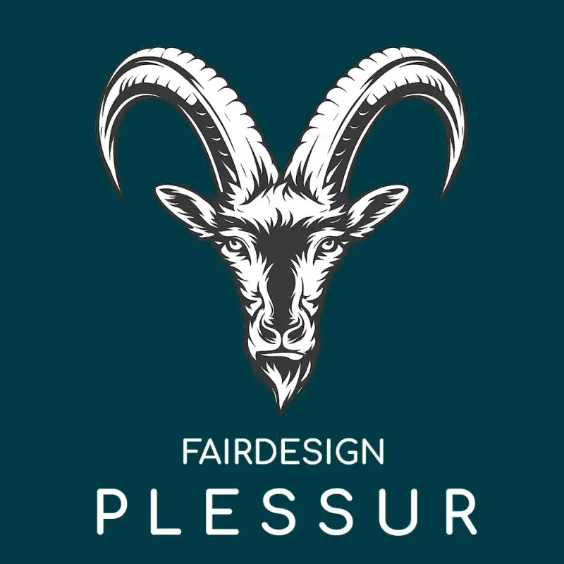Firmenlogo FAIRDESIGN PLESSUR Illustration eines Steinbocks im modernen Gravurstil auf dunklem Hintergrund.