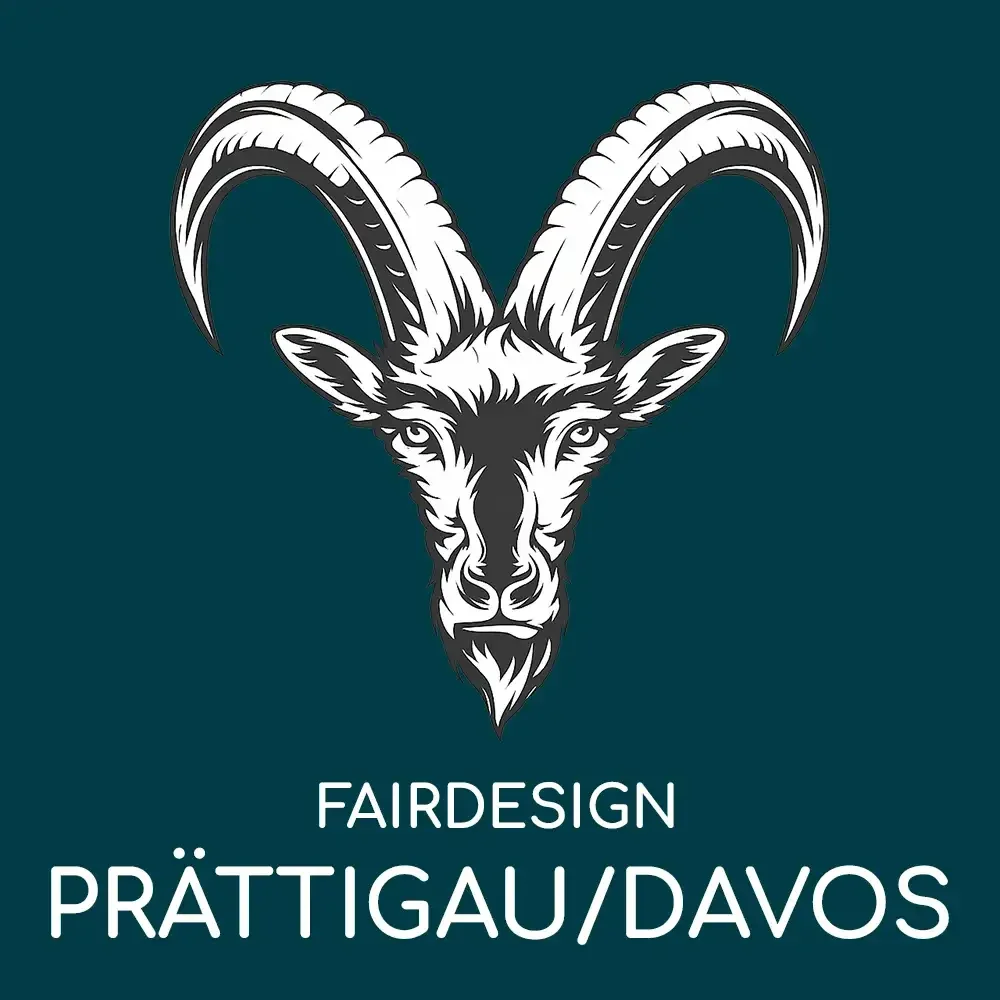 Professionelles Logo von Fairdesign für die Region PrättigauDavos mit einer markanten Steinbock-Illustration auf dunkelgrünem Grund.