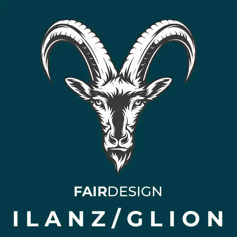 Webdesign Ilanz  Glion von fair-design.ch – Logo mit Steinbock-Grafik auf dunkelblauem Hintergrund