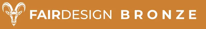 www.fair-design.ch Banner Bronzefarbener Hintergrund mit weißem Logo-Steinbock und dem Text „FAIRDESIGN BRONZE“.