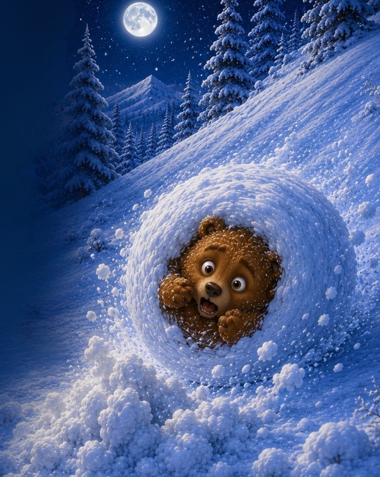 Baamu rolling through the snowy forest in a giant snowball