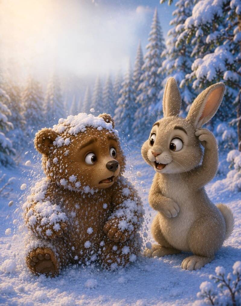Baamu meets a helpful rabbit in the winter forest