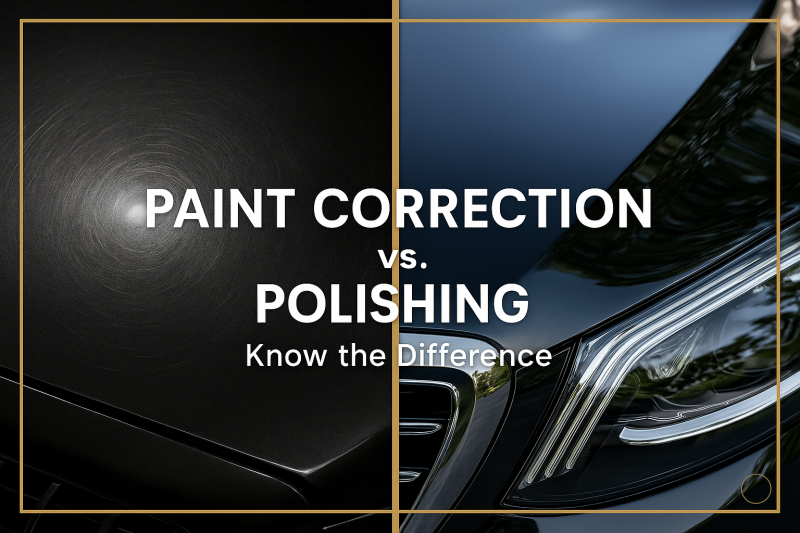 ide-by-side comparison of a vehicle panel before and after professional paint correction, highlighting swirl marks versus a flawless, high-gloss finish