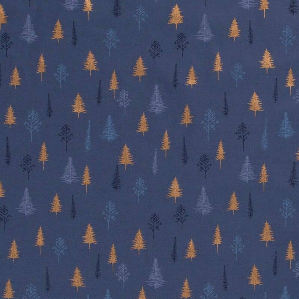 Popeline de coton bleu sapin doré