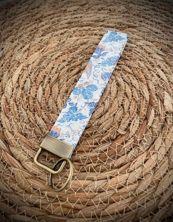 Porte clé dragonne fleurs bleu