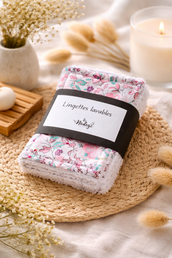 Lingettes lavables lot de 5 coton fleuri rose