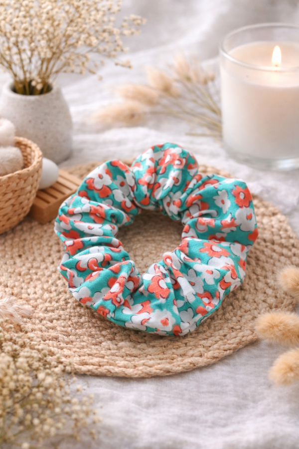 Chouchou fleurs rétro vert orange