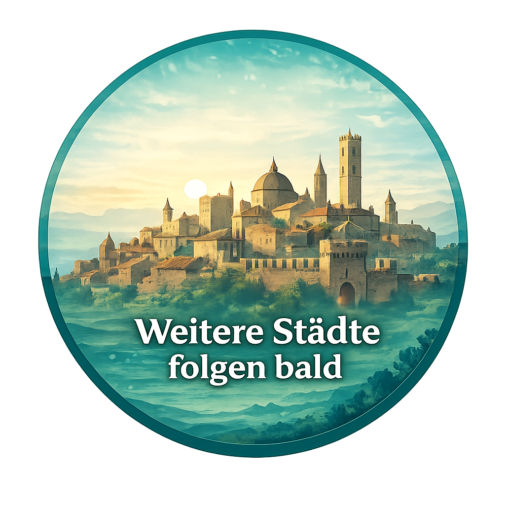 City-Quest-Stadtspiel mit der Ankündigung „Demnächst mehr Städte“, Illustration einer historischen Stadt in einer grünen Landschaft.