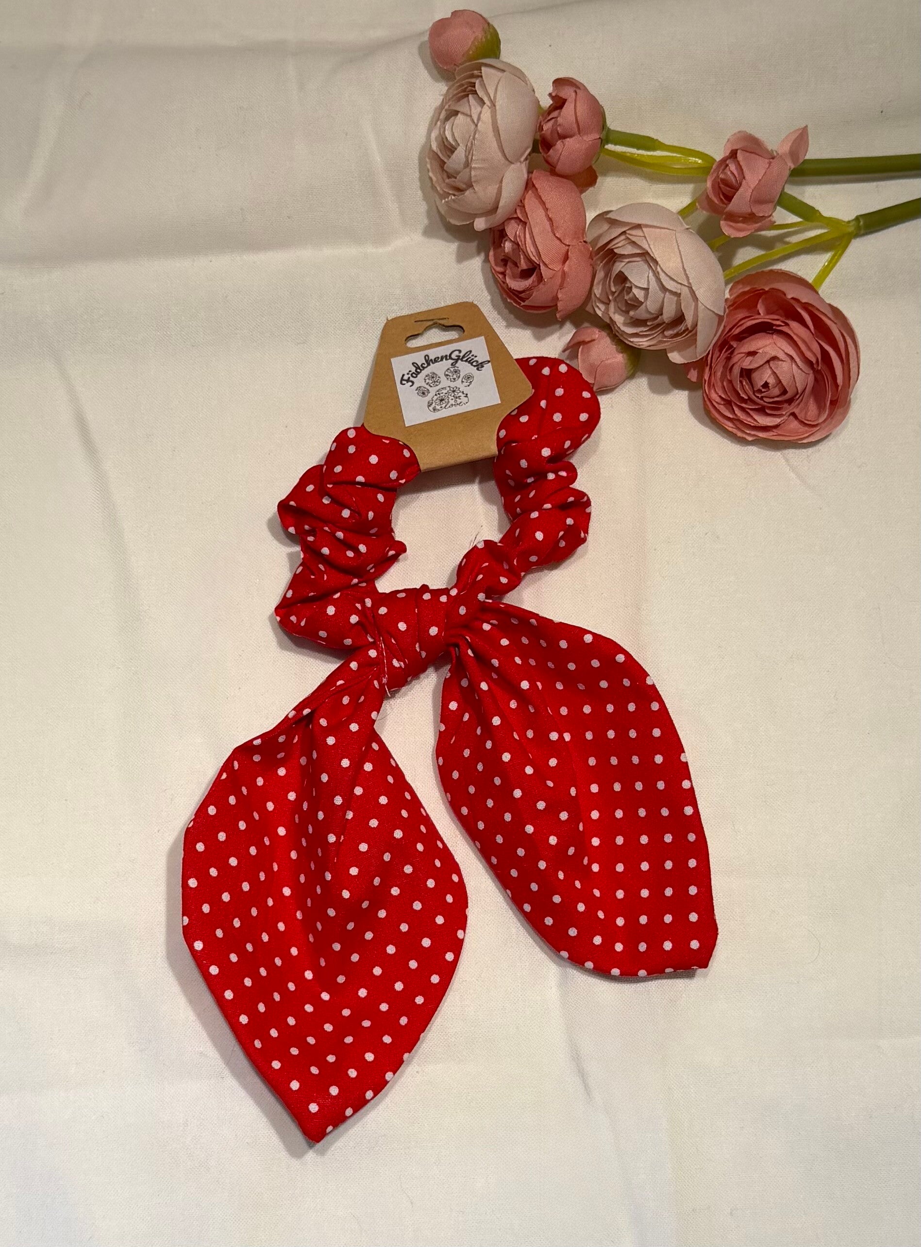 Scrunchie mit Schleife rot mit weißen Punkten