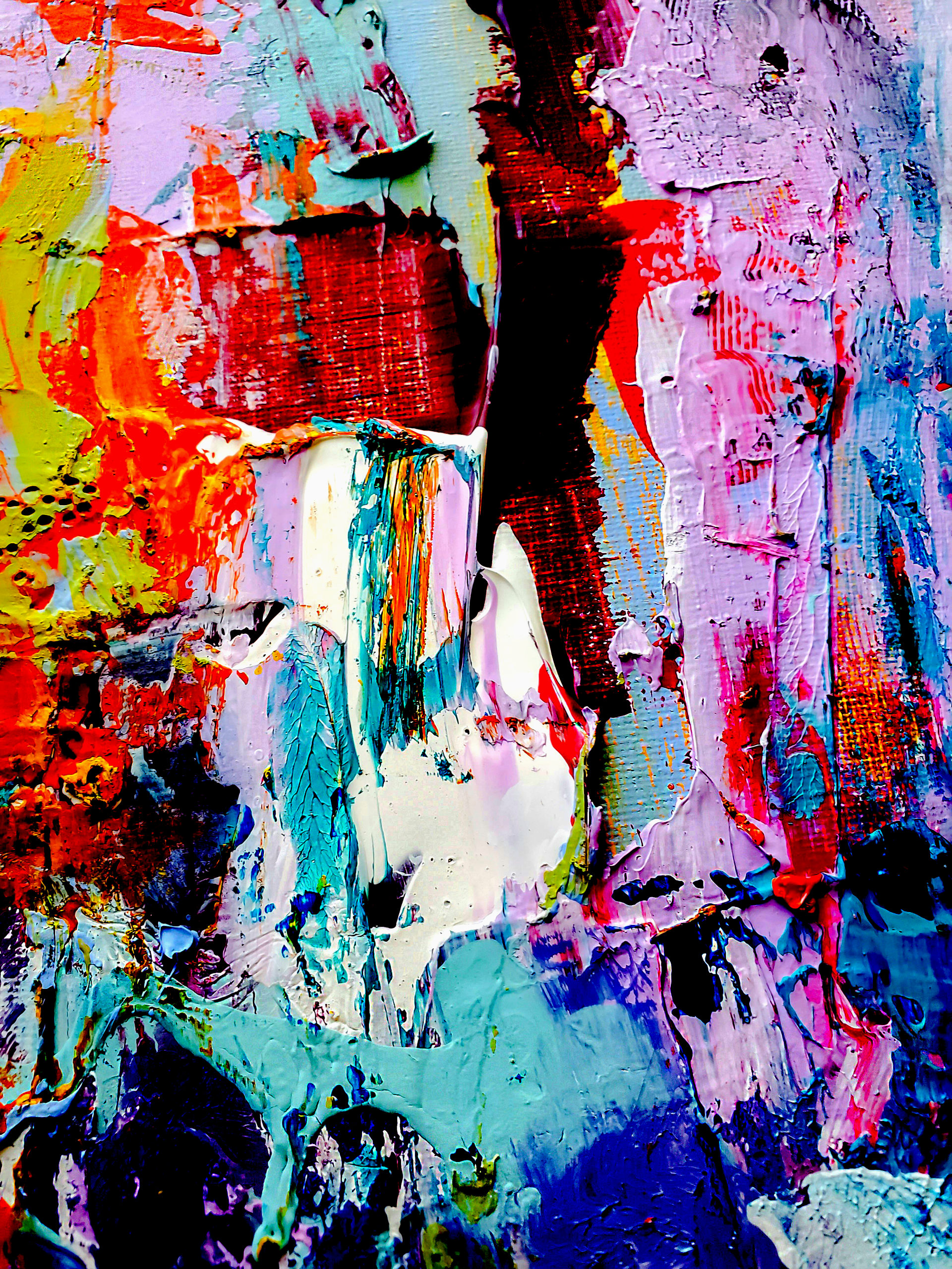 An image of abstract art painted in paint stroke colors of red, yellow, and blue. Image owned by Jené Stephaniuk from Unsplash. Edited with Adobe Photoshop.