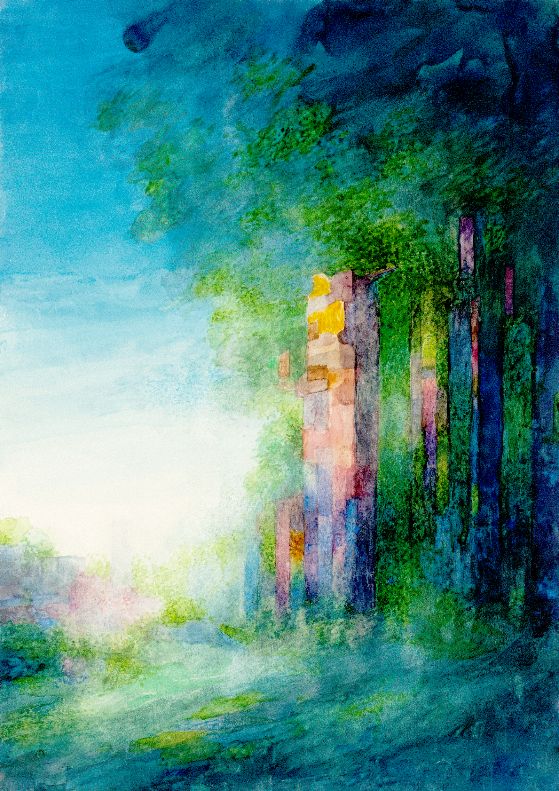 An image of a watercolor portrait of a forest. Image by Europeana from Unsplash. Edited with Adobe Photoshop.