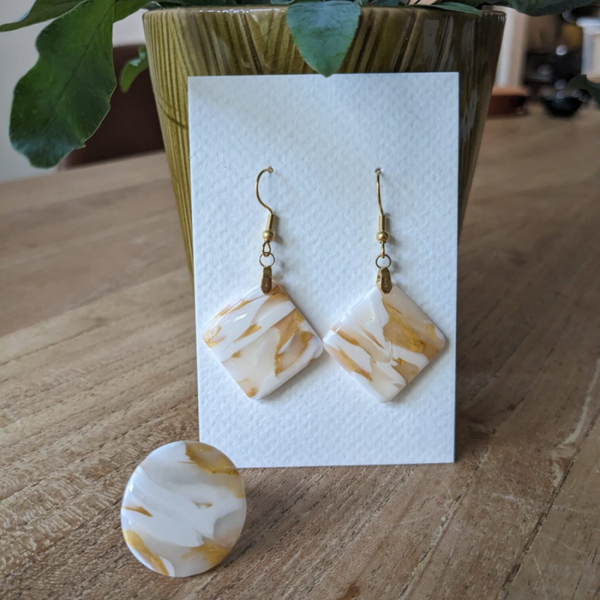 Ring + oorbellen (goud - wit)