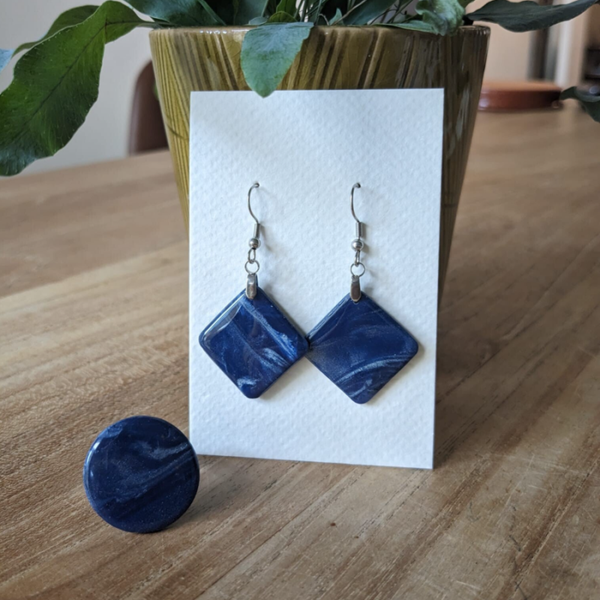 Ring + oorbellen (blauw - zilver)