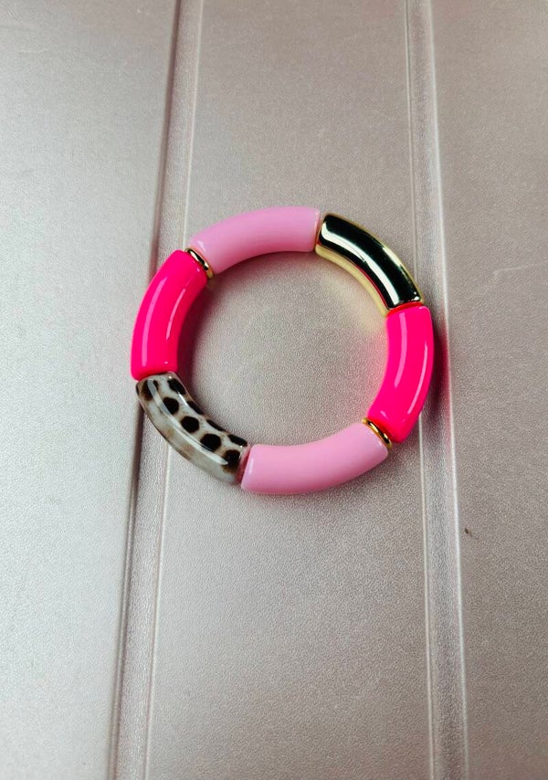 bracelet perles tubes rose léopard