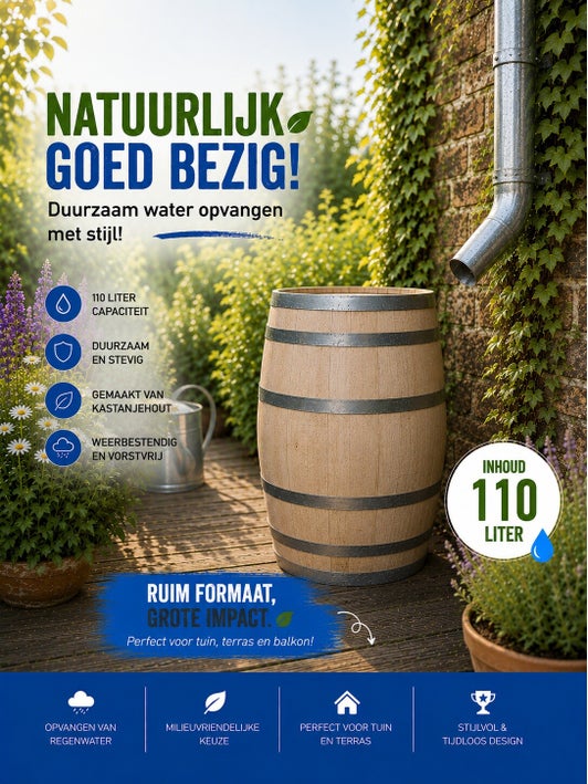Houten regenton 110 liter gesloten model met deksel voor tuin terras en wateropslag