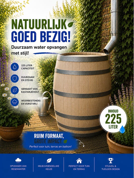 Houten regenton 225 liter met deksel gesloten model voor maximale wateropslag in tuin en erf