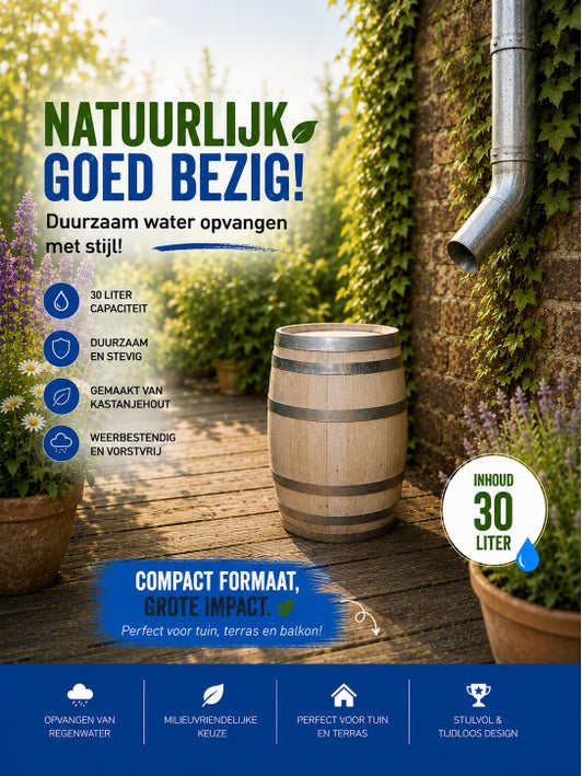 Houten regenton 30 liter gesloten model voor tuin terras balkon en regenwateropslag