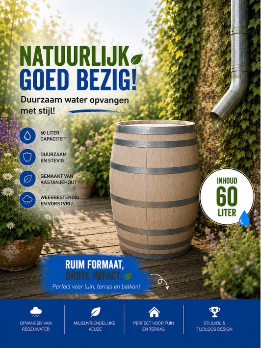 Houten regenton 60 liter gesloten model voor tuin terras en regenwateropslag